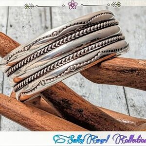 Vintage TAHE Navajo Sterling Silver Wide Stamped Banded Cuff Bracelet